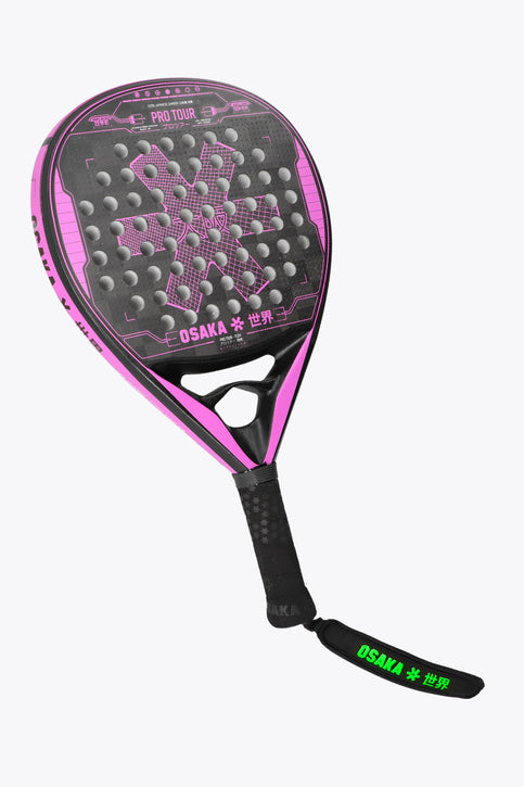 Black with Pink accents Pro tour padel racket tech technical teardrop shape for high skill, precision and agility for a power model. Reduced frame width for better playability, made with 18k Textreme Carbon. Front view