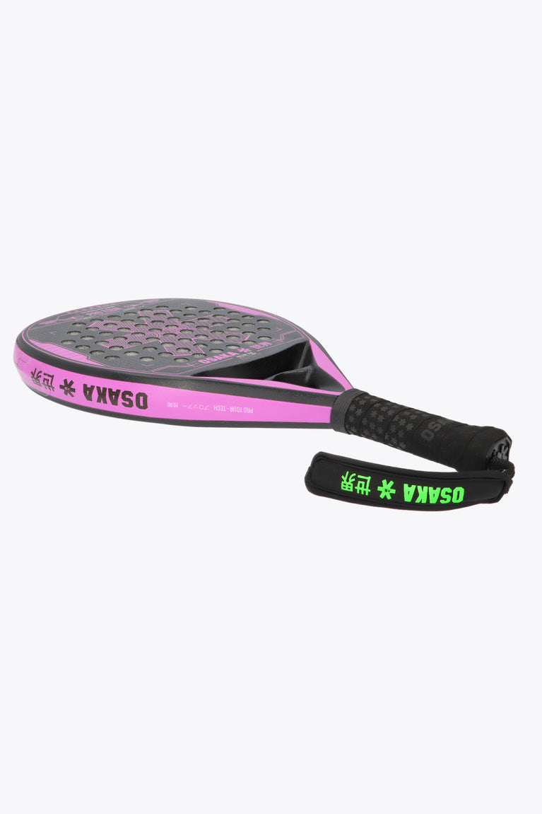 Black with Pink accents Pro tour padel racket tech technical teardrop shape for high skill, precision and agility for a power model. Reduced frame width for better playability, made with 18k Textreme Carbon. Bottom left side