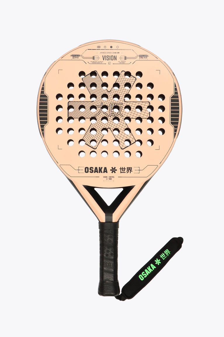 Light orange Vision Padel Racket Vision Control which is an offensive Padel for beginners to intermeditate. round chape with a huge sweetspot and made with Carbon Fibre frame. Front view