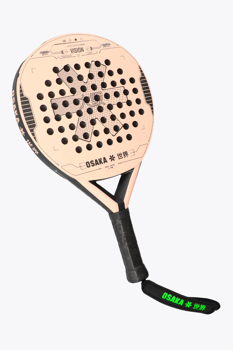 Light orange Vision Padel Racket Vision Control which is an offensive Padel for beginners to intermeditate. round chape with a huge sweetspot and made with Carbon Fibre frame. Front side view