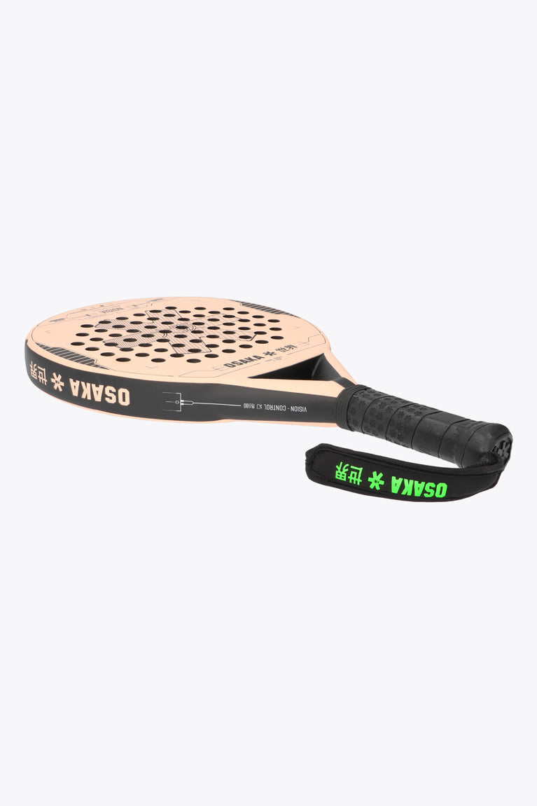 Light orange Vision Padel Racket Vision Control which is an offensive Padel for beginners to intermeditate. round chape with a huge sweetspot and made with Carbon Fibre frame. Bottom side view