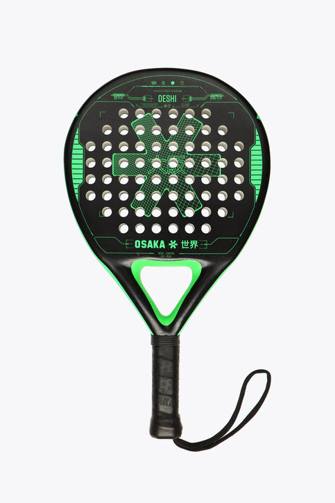 Black with fluo Deshi Padel Racket with Osaka Tyro Frame. Round shape for beginner with huge sweetspot, made with Glass fibre. Front view
