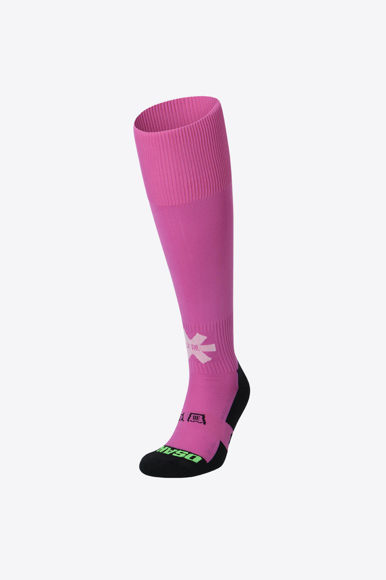 Orchid Pink color socks for modern hockey players. Different weaves support and compress your legs and feet. Photo of left front