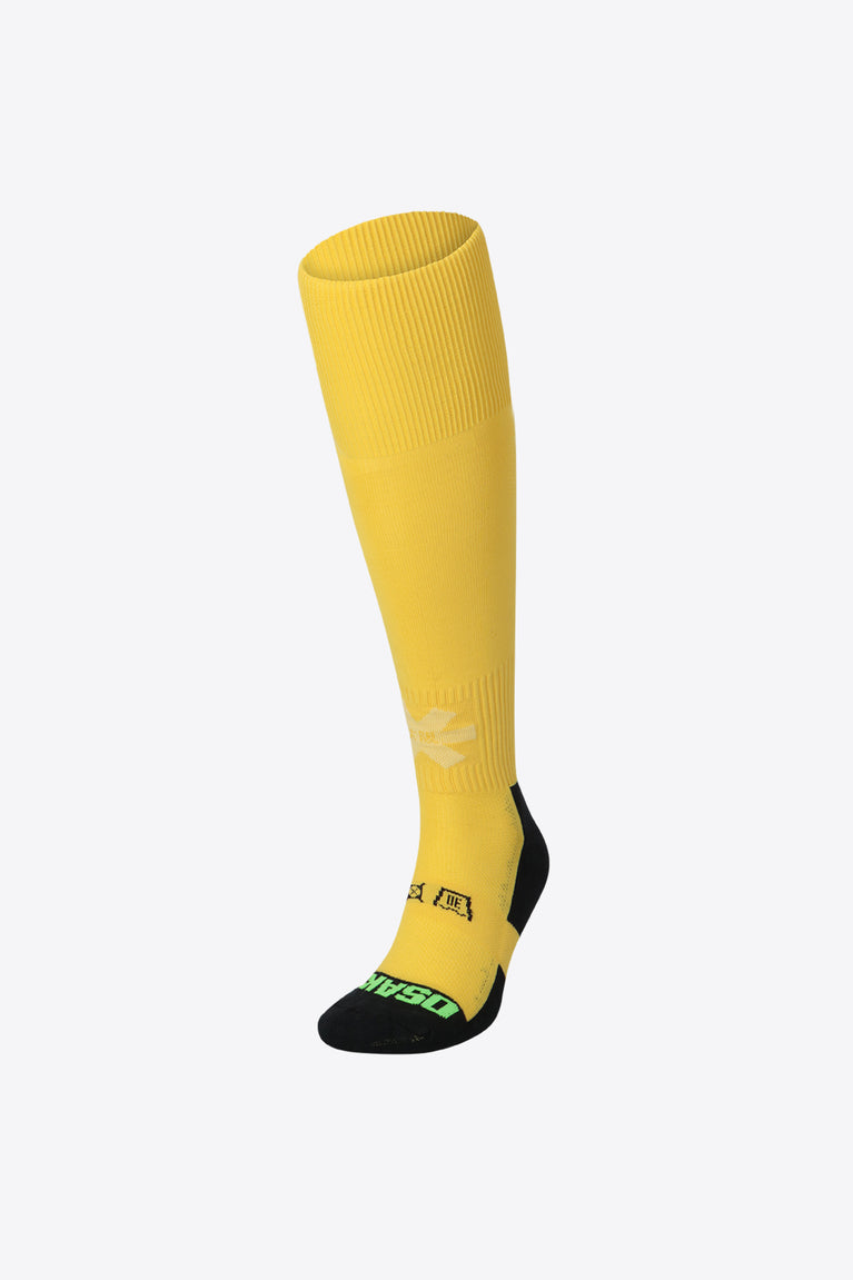 Honey Comb yellow color socks for modern hockey players. Different weaves support and compress your legs and feet. Photo of front left