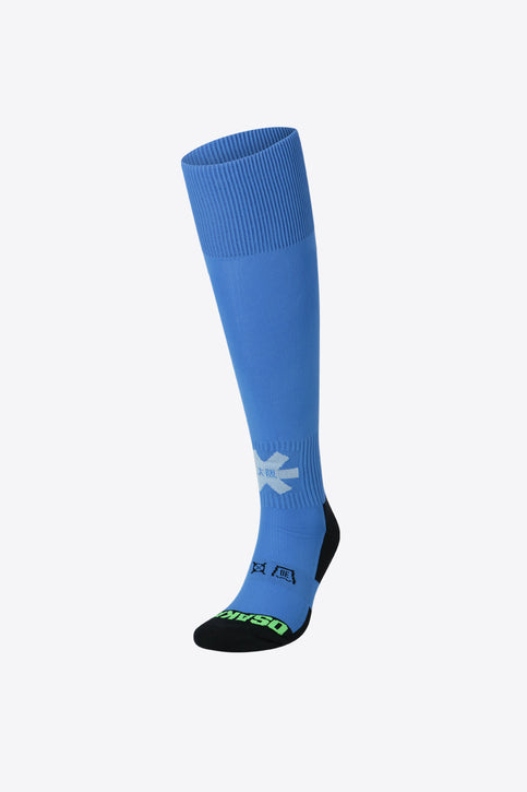 Lazul Blue color socks for modern hockey players. Different weaves support and compress your legs and feet. Photo of left front