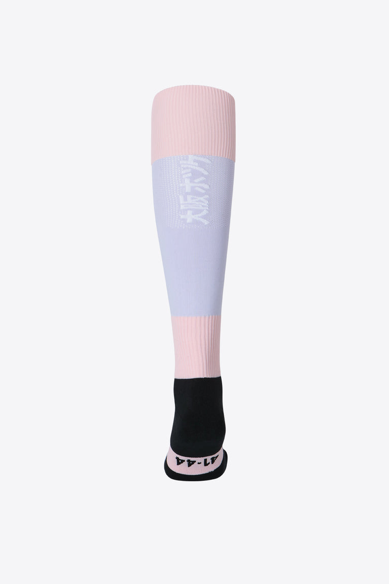 Cotton Violet/Peach Pink color socks for modern hockey players. Different weaves support and compress your legs and feet. Photo of back