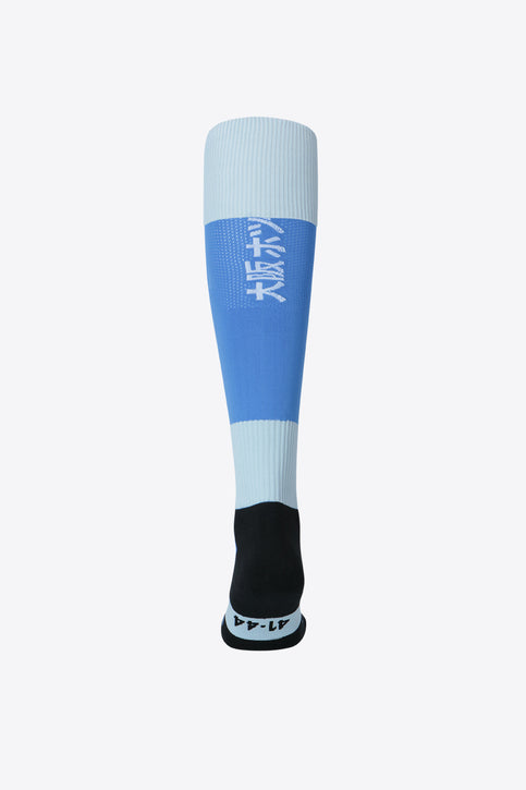 Lazul Blue/Sky Blue color socks for modern hockey players. Different weaves support and compress your legs and feet. Photo of front left