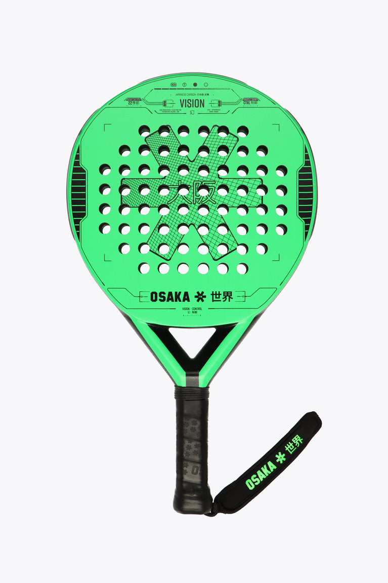 Iconic black with fluo green Vision Padel Racket Control, round shape for beginners and intermediate players, succesful shape, with carbon fibre Frame. Front view