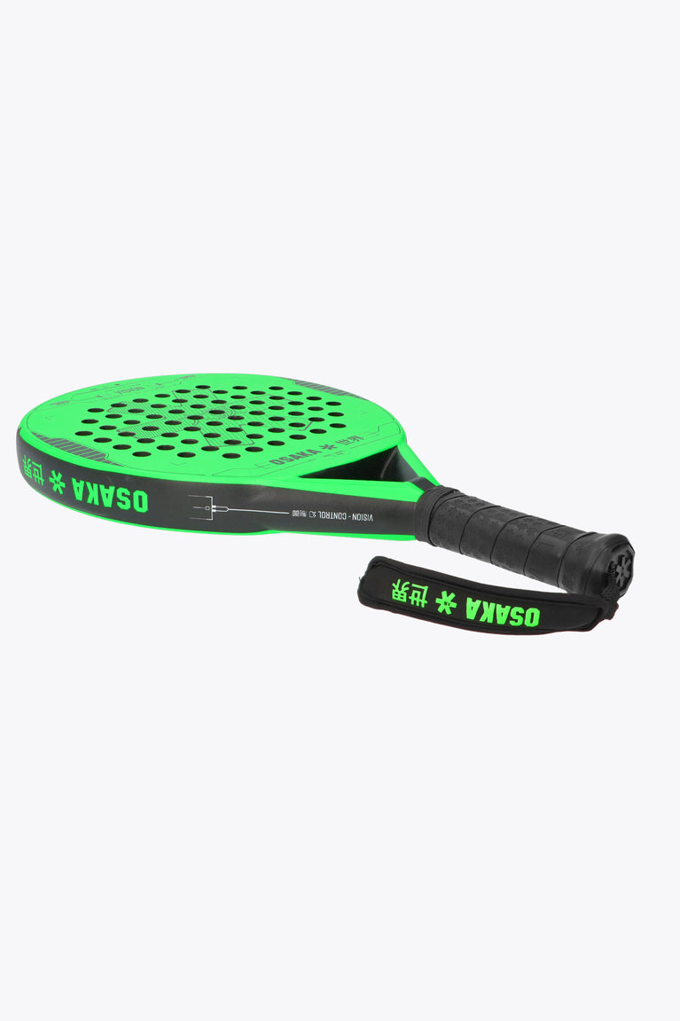 Iconic black with fluo green Vision Padel Racket Control, round shape for beginners and intermediate players, succesful shape, with carbon fibre Frame. Bottom side view