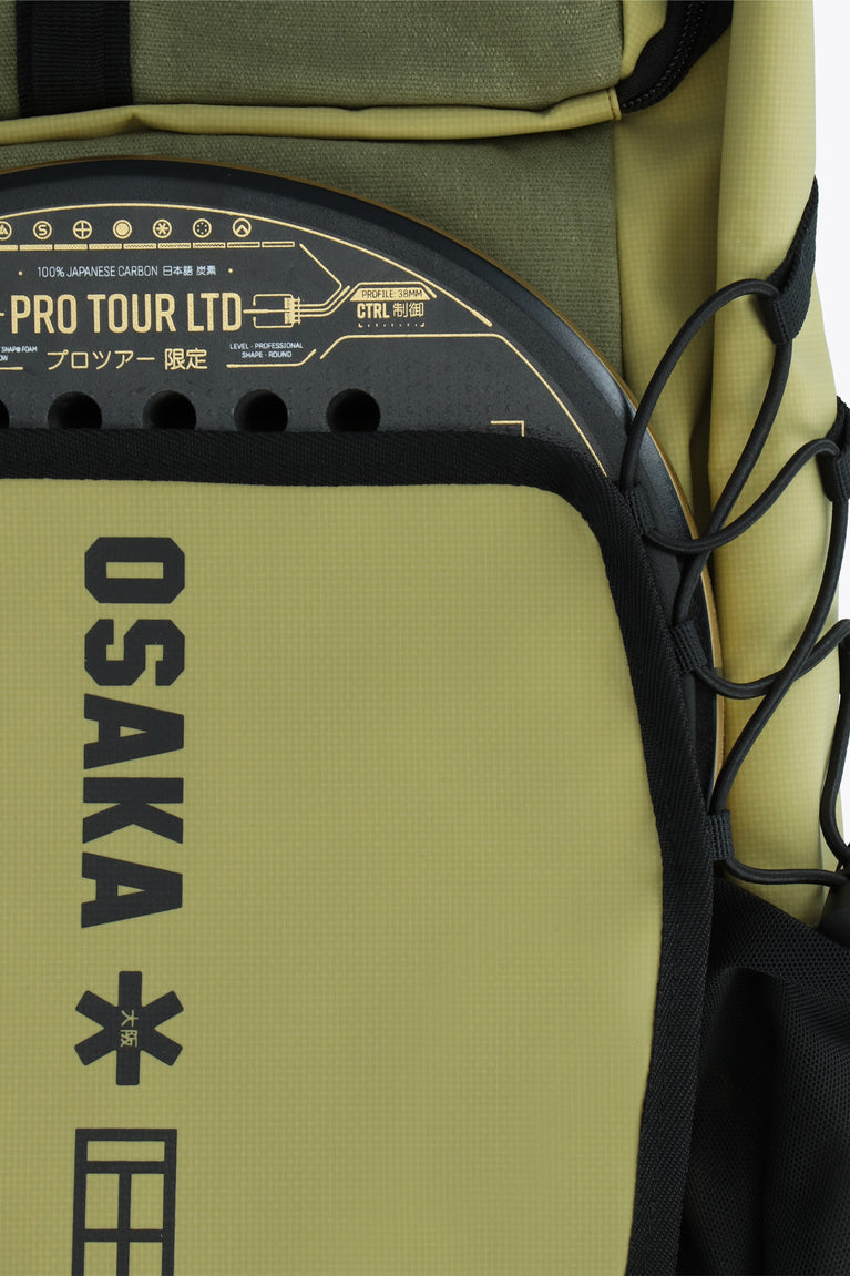 Green Olive Pro Tour Padel Bag Ergonomic and ultrasoft straps. Close-up Front view with Padel