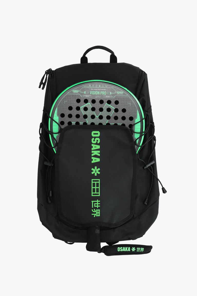 Iconic Black with bright Green Vision Padel Backpack with ultra-soft shoulder straps, Sling-system, Padel sleeve for water bottle. front view with Paddle