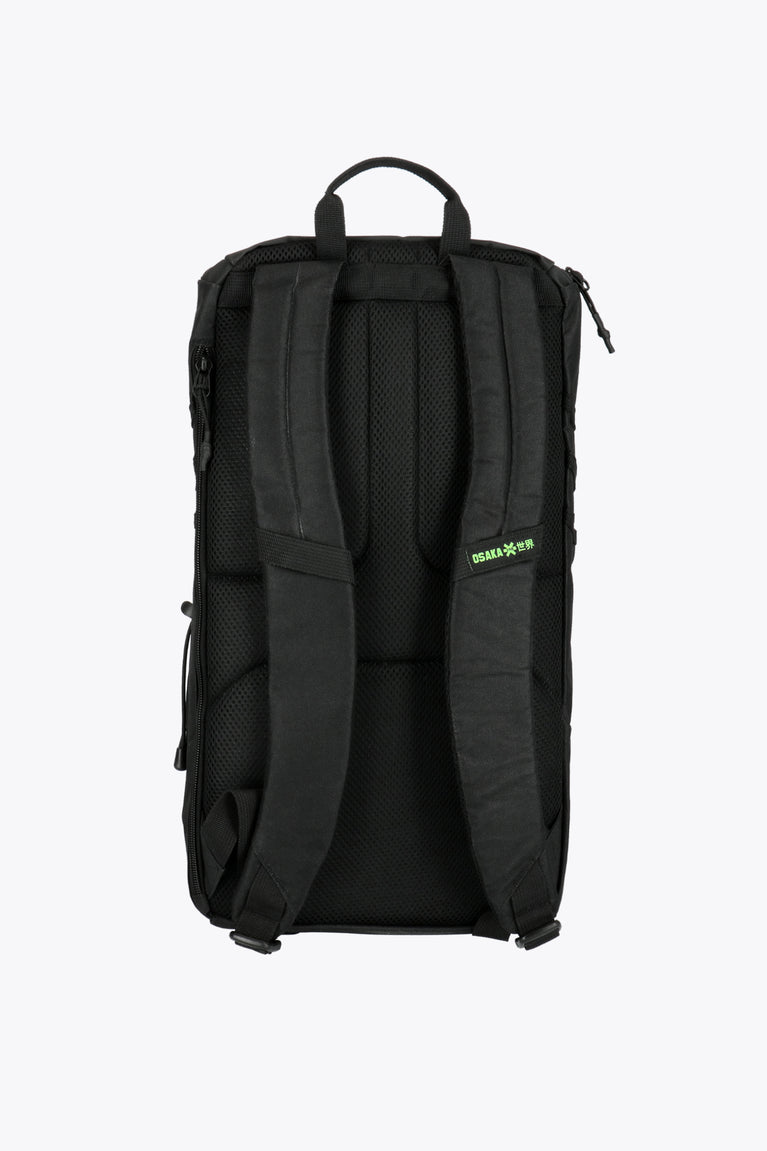 Iconic Black with bright Green Vision Padel Backpack with ultra-soft shoulder straps, Sling-system, Padel sleeve for water bottle. Back view