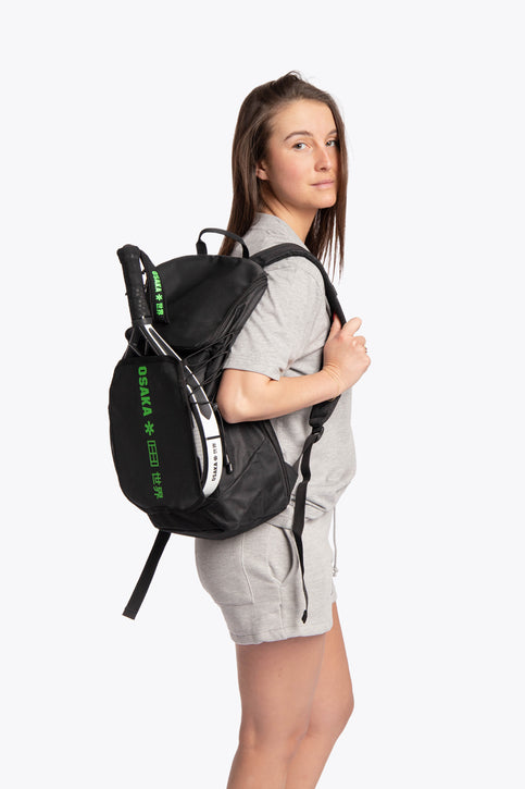 Iconic Black with bright Green Vision Padel Backpack with ultra-soft shoulder straps, Sling-system, Padel sleeve for water bottle. Front view