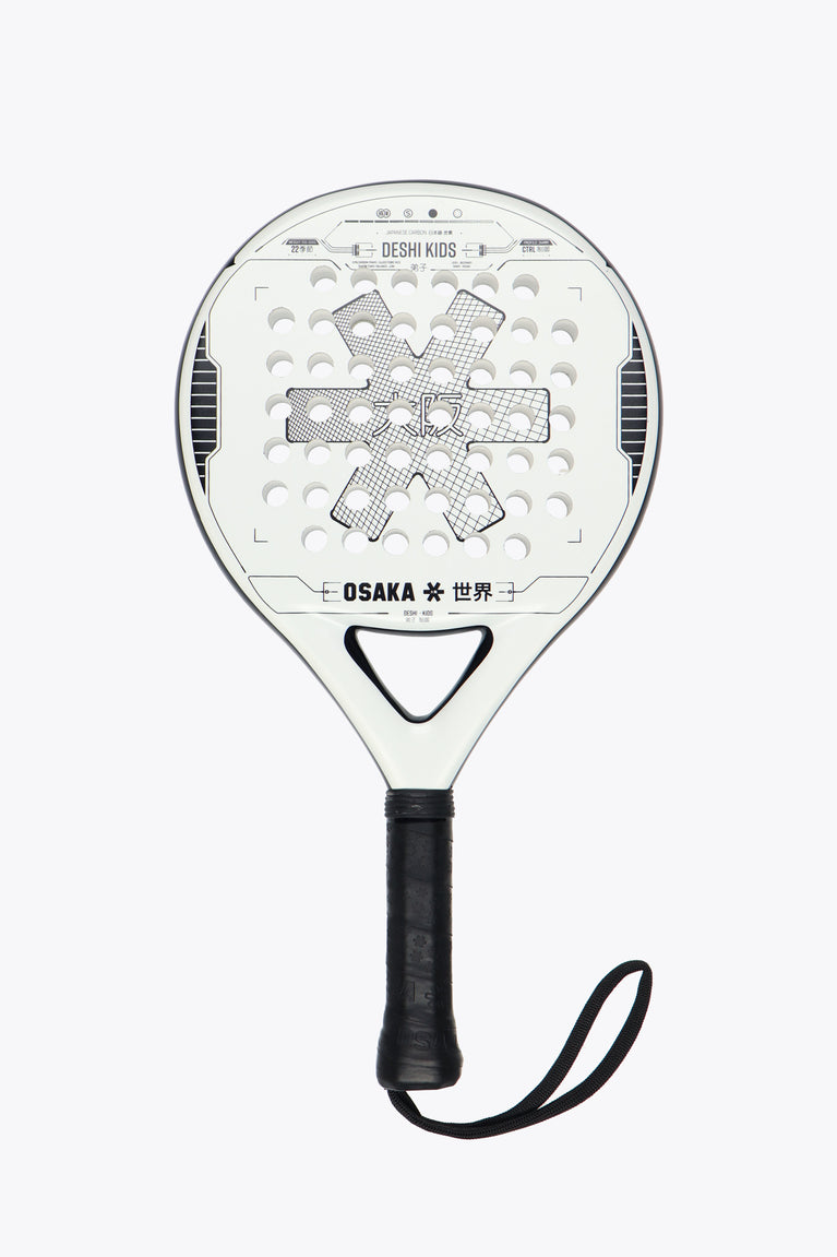 White with black accent Deshi Kids Padel Racket with Osaka Tyro Frame. Round shape for beginner with huge sweetspot, made with Glass fibre. Front view