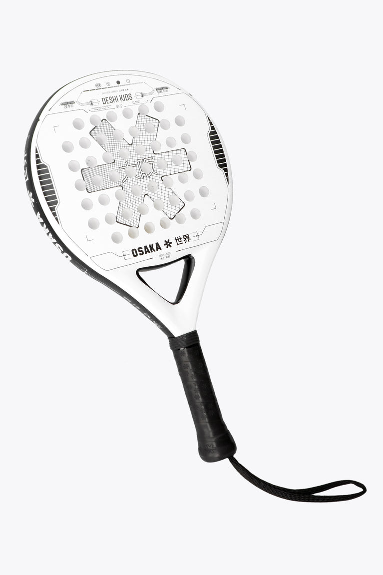 White with black accent Deshi Kids Padel Racket with Osaka Tyro Frame. Round shape for beginner with huge sweetspot, made with Glass fibre. Front side view