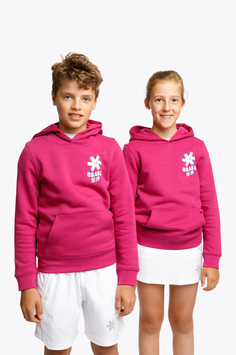 Orchid Pink Off-set star Hoodie for everyday use with kangaroo style pouch . Cotton mix with traditional details. Osaka logo in a fun print. Photo both kids front