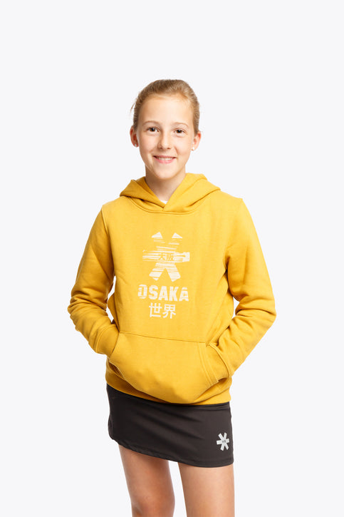 Honeycomb yellow Marker Logo Hoodie for everyday use with kangaroo style pouch . Cotton mix with traditional details. Osaka logo in a fun print. Photo both kids