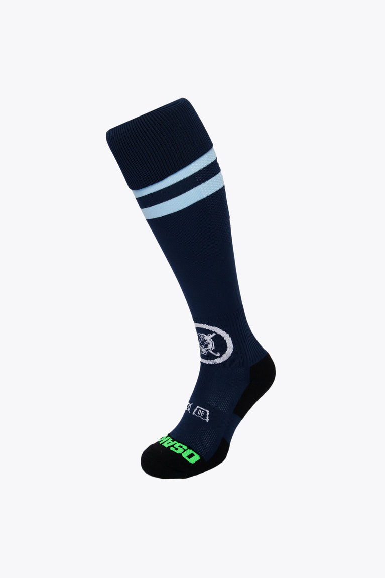 HC Keerbergen Field Hockey Socks in navy with Osaka logo in green. Front view