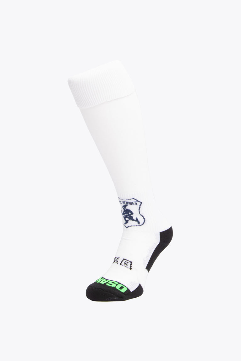 Hermes Field Hockey Socks in white with Osaka logo in green. Front view