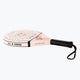 Osaka X Kaart blanche pink padel racket with text. Side view