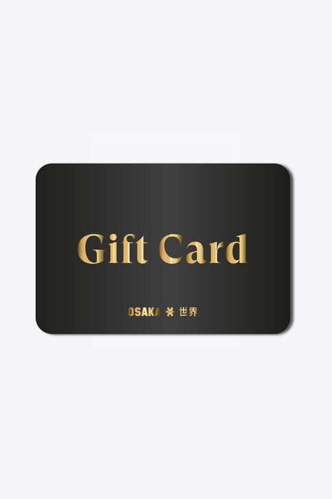 Osaka black gift card with letters and logo in gold.