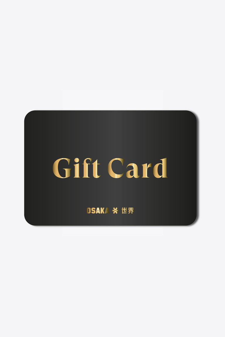 Osaka black gift card with letters and logo in gold.
